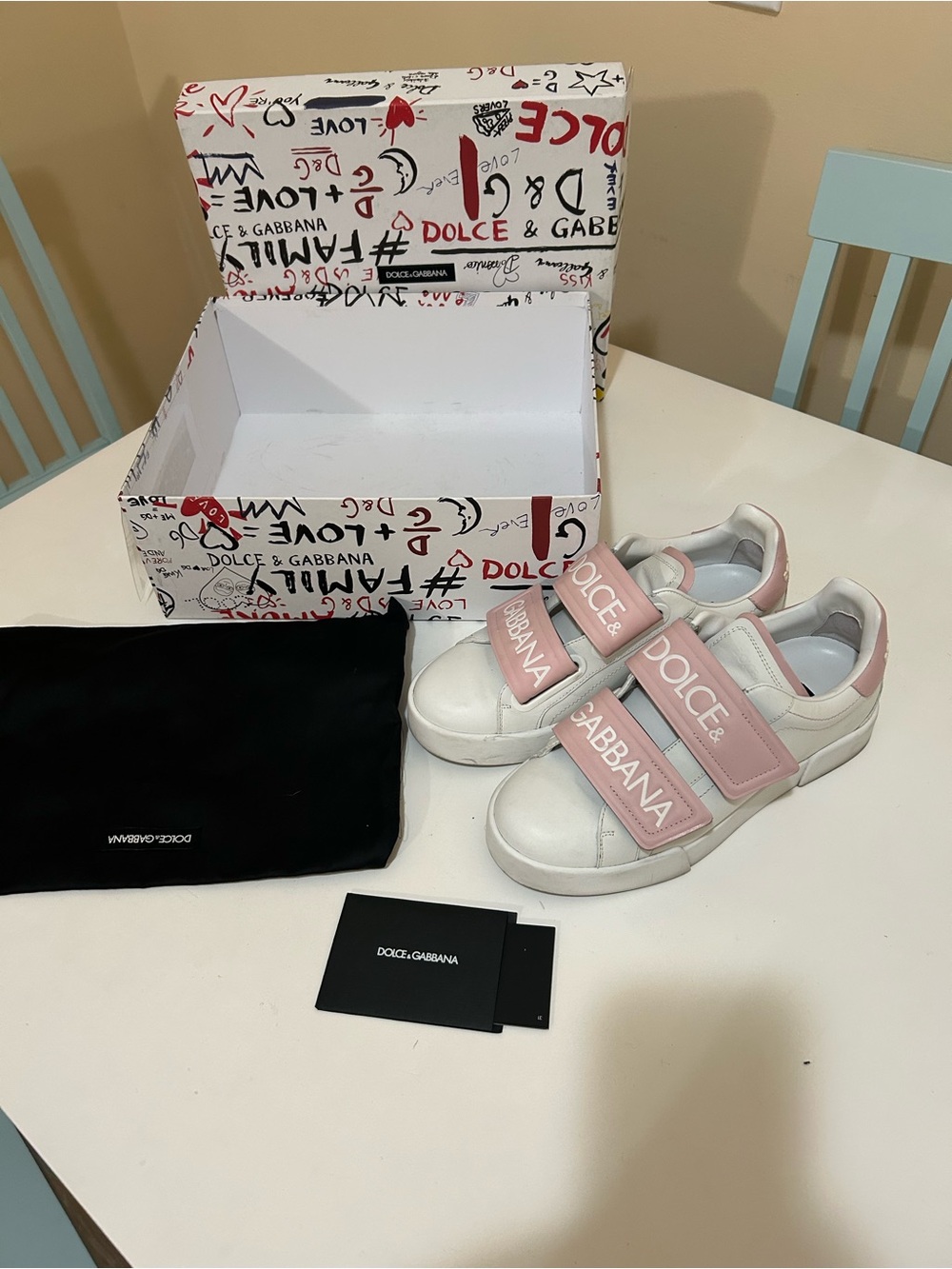 Dolce & Gabbana White and Blush Velcro Strap Sneakers